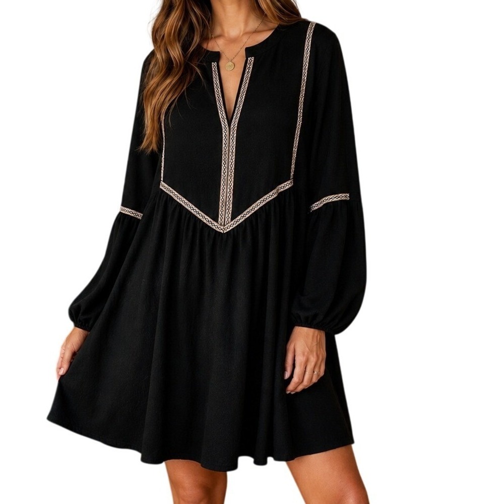 Rusttydustty Black Embroidered Babydoll Tunic Dress XXL Balloon Sleeve Boho